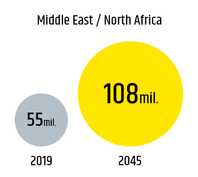 Middle East / North Africa 2019 55mil. 2045 108mil.