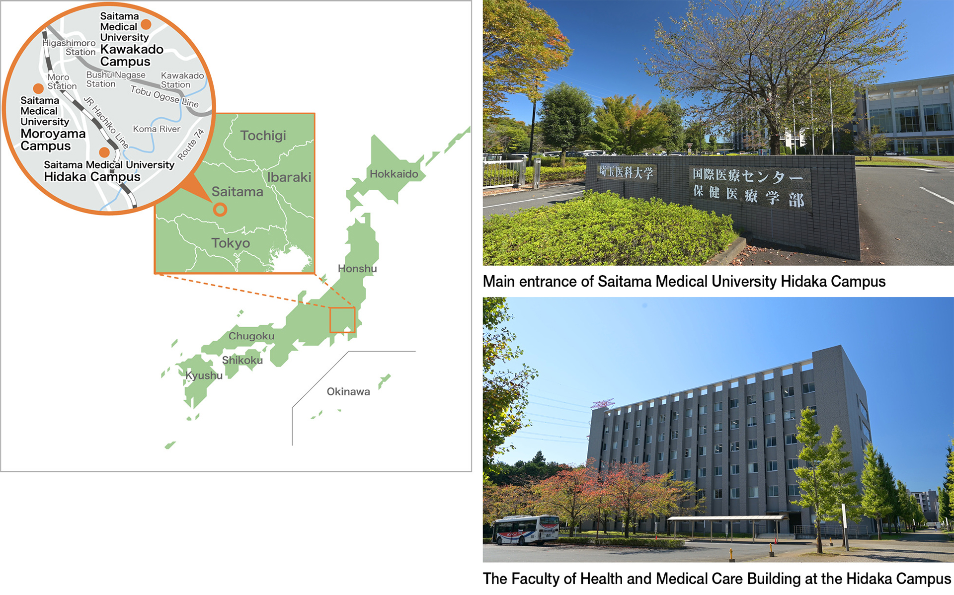 Main entrance of Saitama Medical University Hidaka Campus／The Faculty of Health and Medical Care Building at the Hidaka Campus