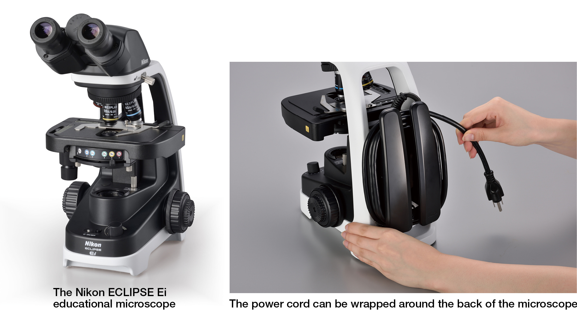 The Nikon ECLIPSE Ei educational microscope/The power cord can be wrapped around the back of the microscope
